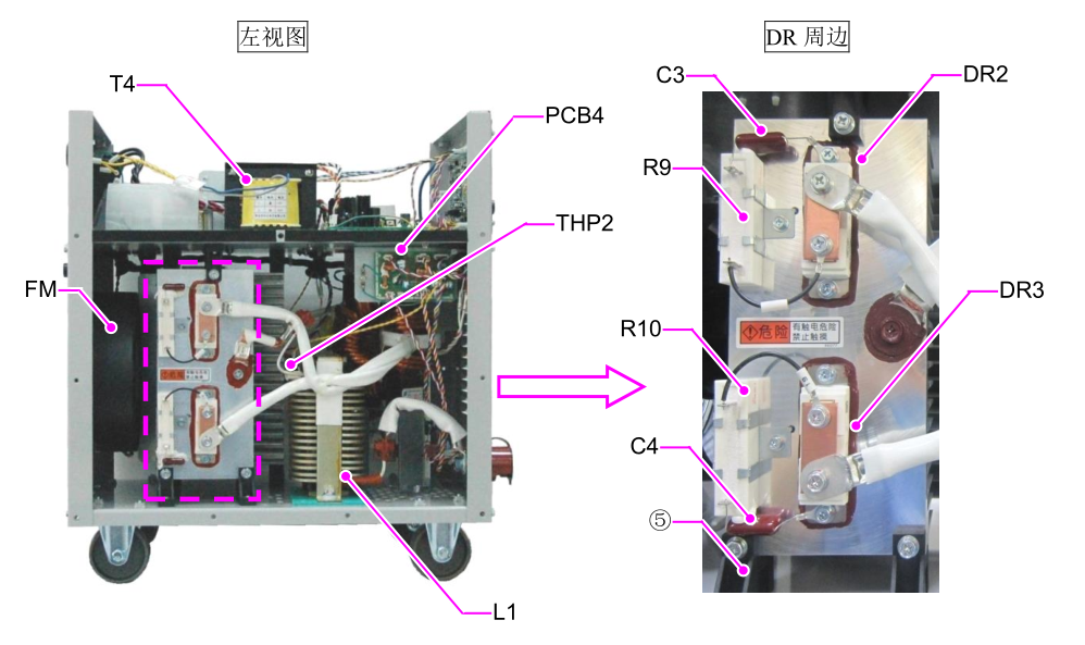 OTC CPVE400焊機內(nèi)部布局圖，標注電路板等配件符號