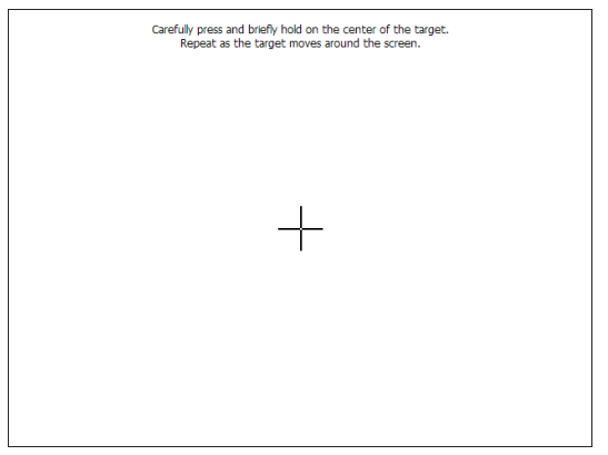 OTC Daihen (歐地希) 機(jī)器人示教器五點(diǎn)校準(zhǔn)界面，十字標(biāo)位于屏幕中央