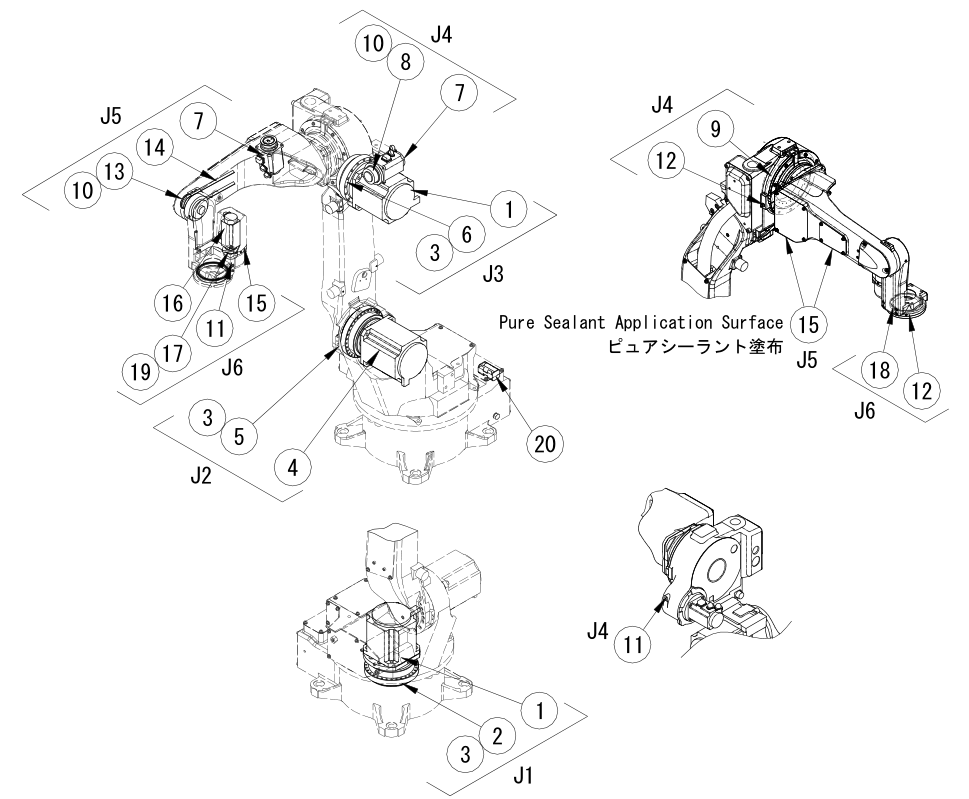 OTC Daihen FD-B4 機(jī)器人分解圖，各軸及零件符號標(biāo)注